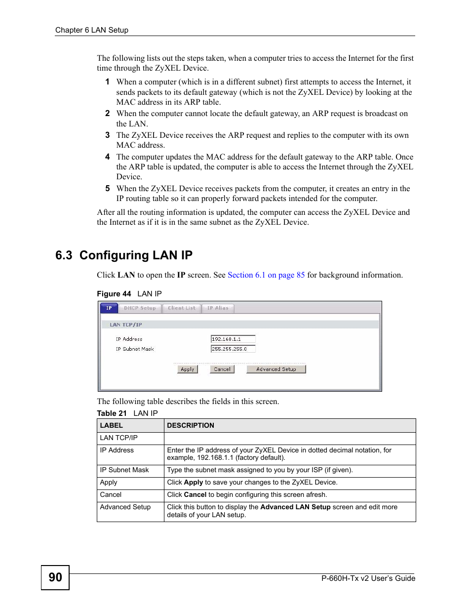 3 configuring lan ip, Figure 44 lan ip, Table 21 lan ip | ZyXEL Communications P-660H-Tx v2 User Manual | Page 90 / 312