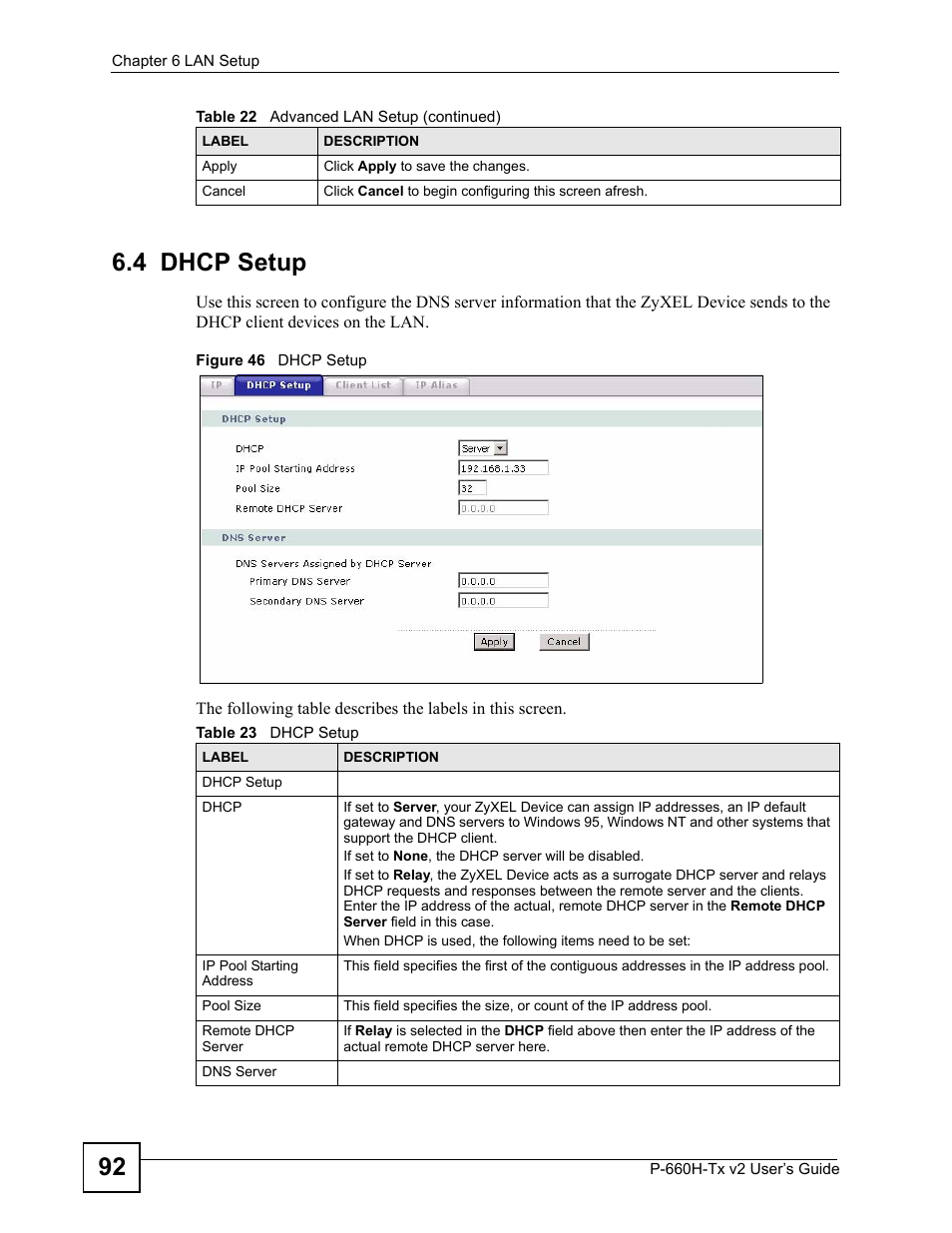 4 dhcp setup, Figure 46 dhcp setup, Table 23 dhcp setup | 92 6.4 dhcp setup | ZyXEL Communications P-660H-Tx v2 User Manual | Page 92 / 312