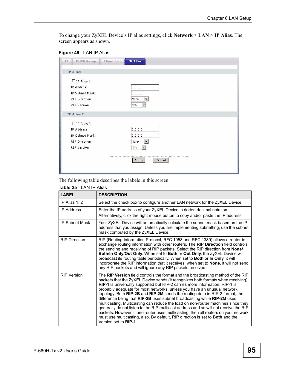 Figure 49 lan ip alias, Table 25 lan ip alias | ZyXEL Communications P-660H-Tx v2 User Manual | Page 95 / 312