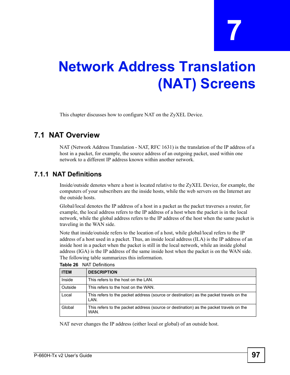 Network address translation (nat) screens, 1 nat overview, 1 nat definitions | Table 26 nat definitions | ZyXEL Communications P-660H-Tx v2 User Manual | Page 97 / 312