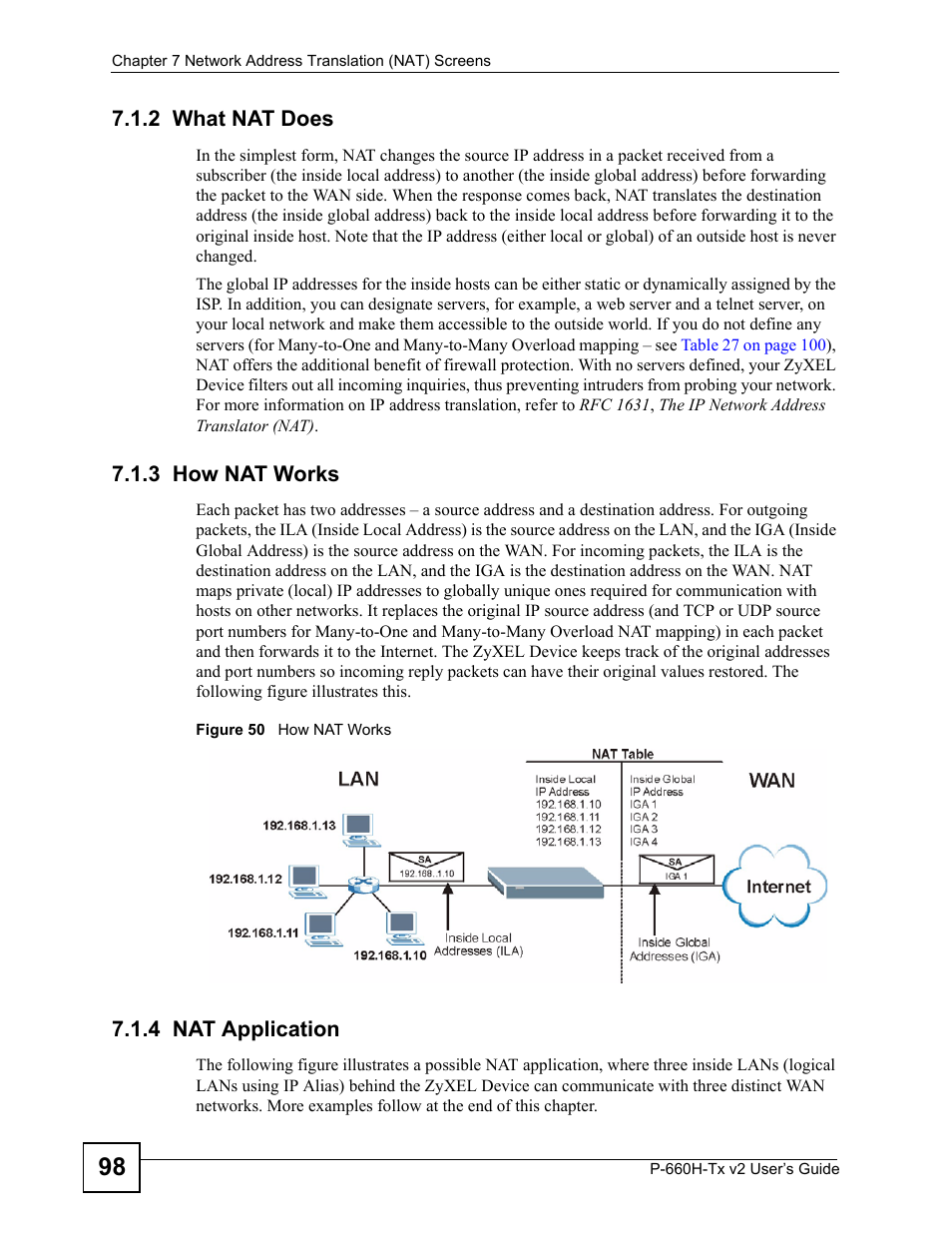 2 what nat does, 3 how nat works, 4 nat application | Figure 50 how nat works | ZyXEL Communications P-660H-Tx v2 User Manual | Page 98 / 312