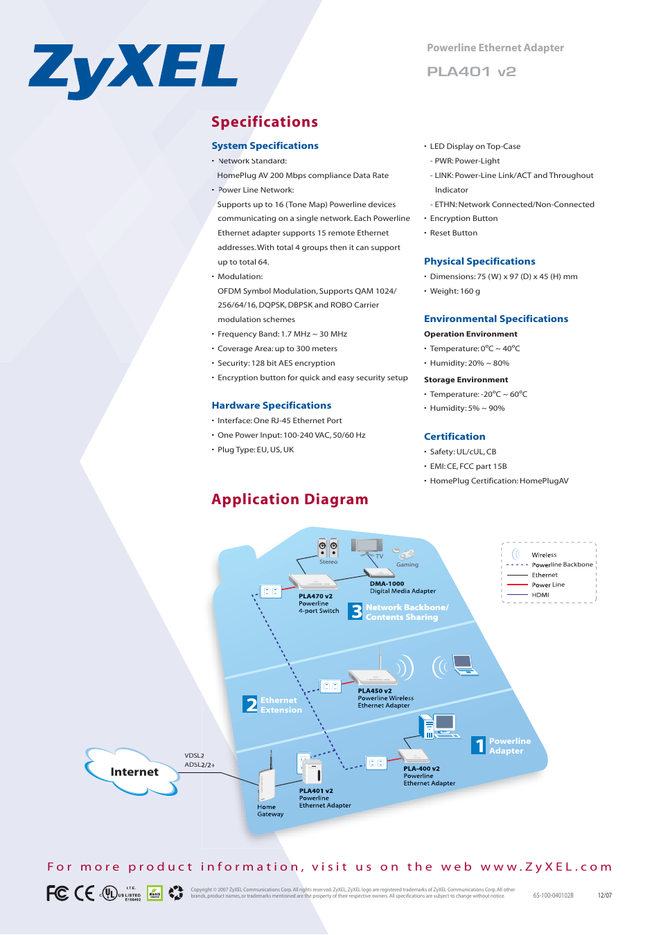 Specifications application diagram, Pla401 v2, Internet | Powerline ethernet adapter | ZyXEL Communications PLA401 User Manual | Page 2 / 2