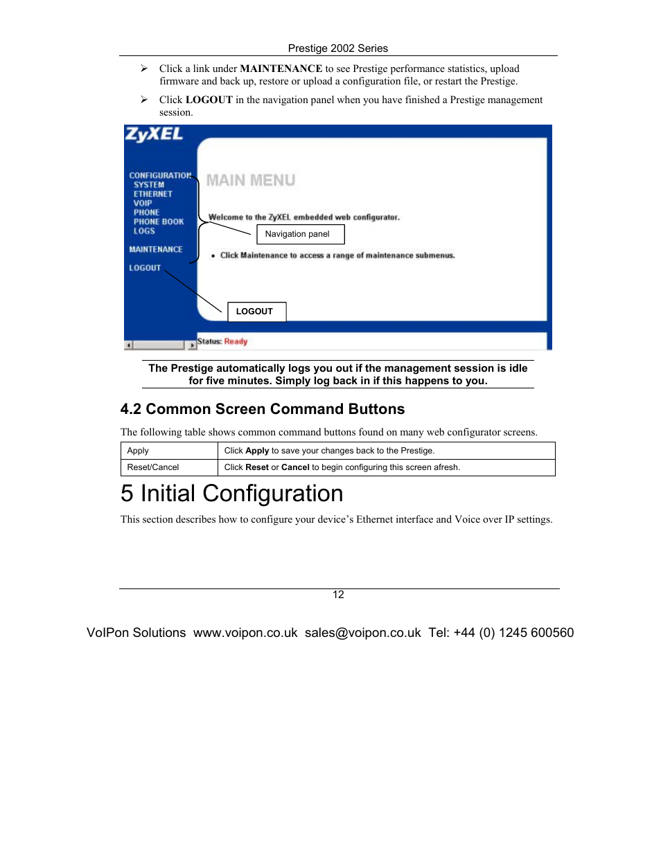 Common screen command buttons, Initial configuration, 5 initial configuration | 2 common screen command buttons | ZyXEL Communications Prestige 2002 Series User Manual | Page 12 / 20