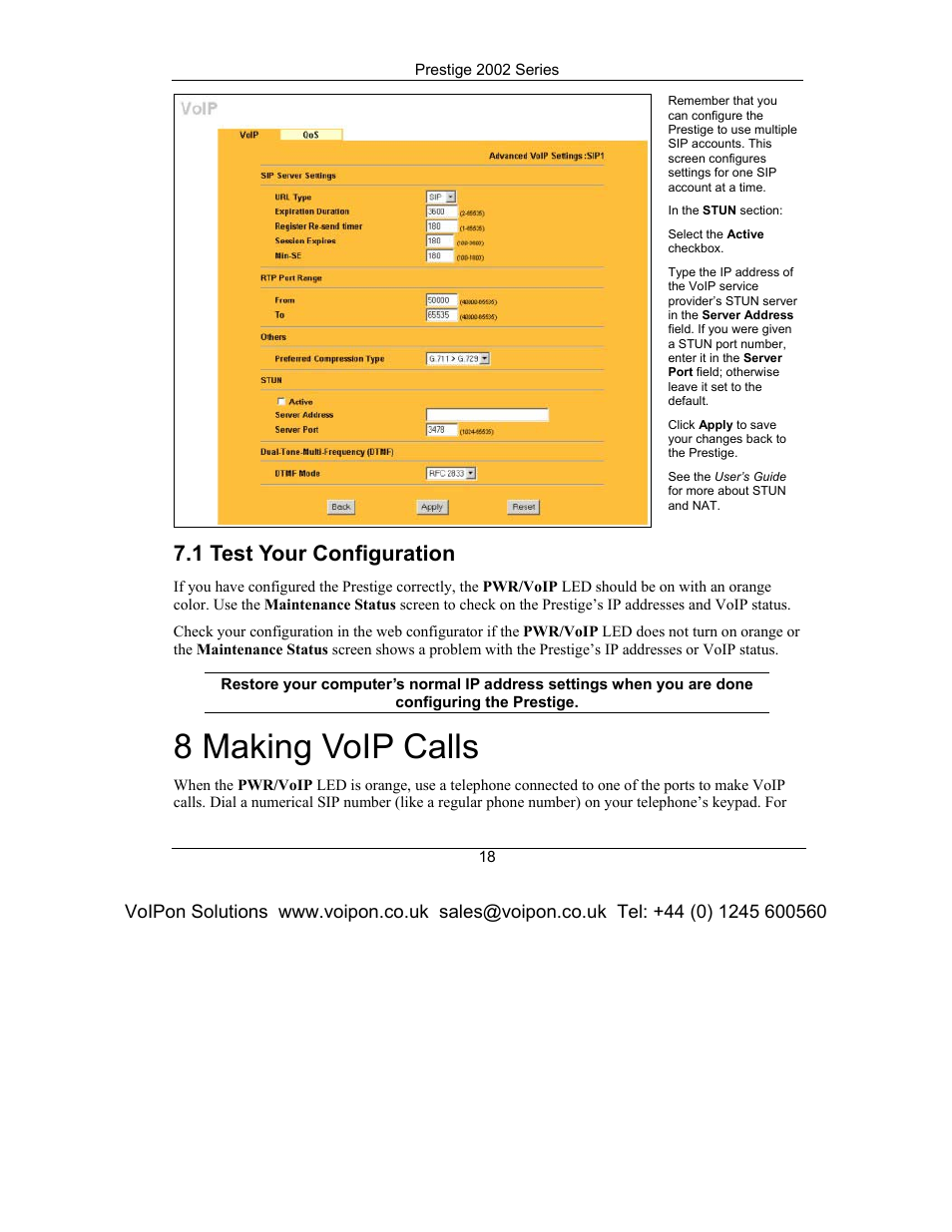 Test your configuration, Making voip calls, 8 making voip calls | 1 test your configuration | ZyXEL Communications Prestige 2002 Series User Manual | Page 18 / 20