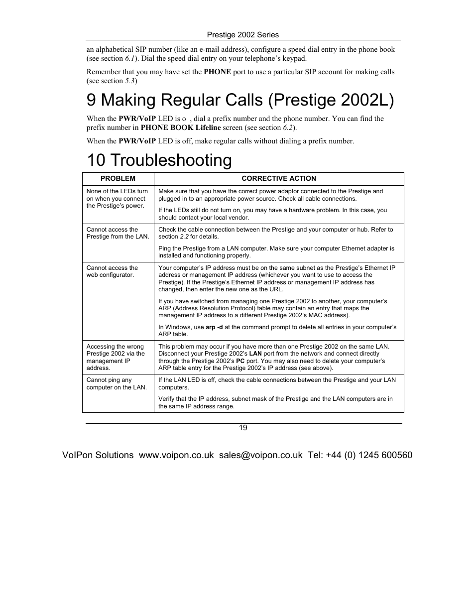 Making regular calls (prestige 2002l), Troubleshooting, 10 troubleshooting | ZyXEL Communications Prestige 2002 Series User Manual | Page 19 / 20