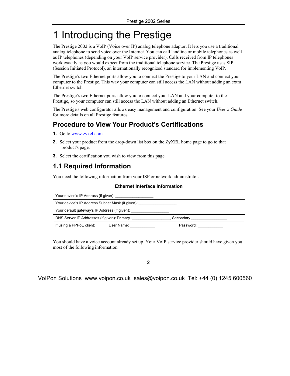 Introducing the prestige, Procedure to view your product’s certifications, Required information | 1 introducing the prestige, 1 required information | ZyXEL Communications Prestige 2002 Series User Manual | Page 2 / 20