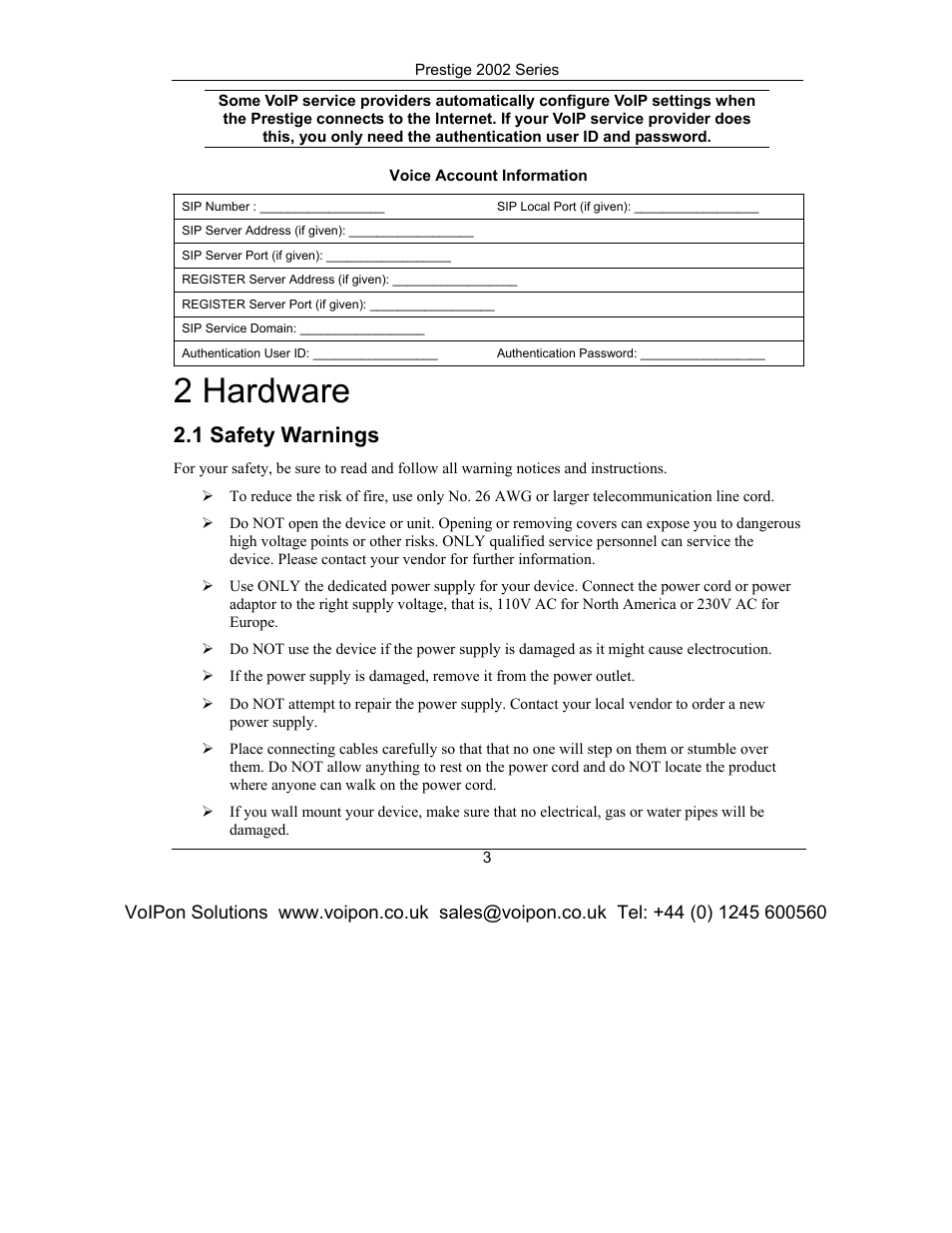 Hardware, Safety warnings, 2 hardware | 1 safety warnings | ZyXEL Communications Prestige 2002 Series User Manual | Page 3 / 20