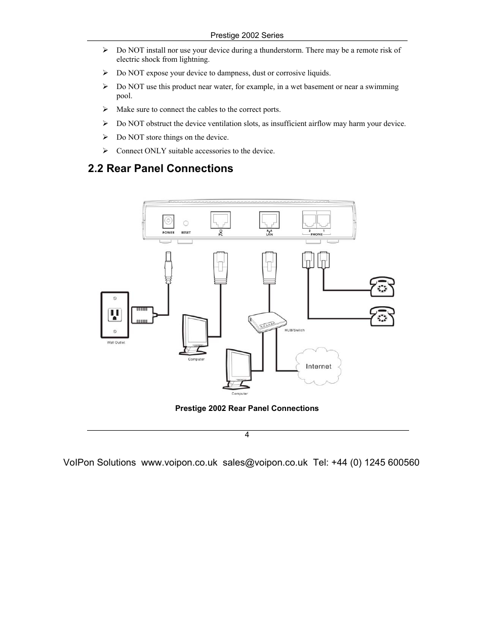 Rear panel connections, 2 rear panel connections | ZyXEL Communications Prestige 2002 Series User Manual | Page 4 / 20