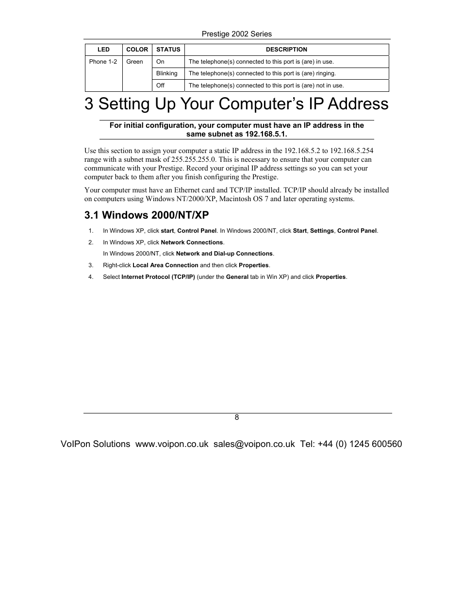 Setting up your computer’s ip address, Windows 2000/nt/xp, 3 setting up your computer’s ip address | ZyXEL Communications Prestige 2002 Series User Manual | Page 8 / 20