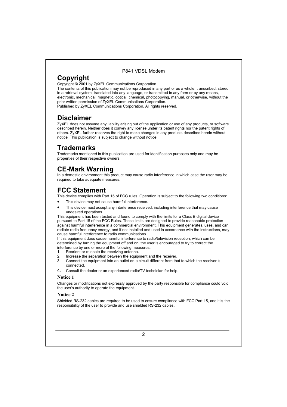 Copyright, Disclaimer, Trademarks | Ce-mark warning, Fcc statement, Notice 1, Notice 2 | ZyXEL Communications Prestige 841 User Manual | Page 3 / 9