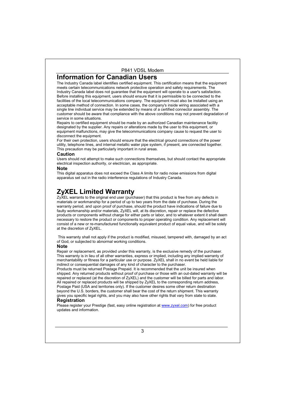 Information for canadian users, Caution, Note | Zyxel limited warranty | ZyXEL Communications Prestige 841 User Manual | Page 4 / 9