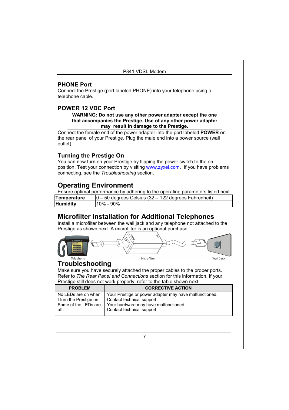 Phone port, Power 12 vdc port, Turning the prestige on | Operating environment, Microfilter installation for additional telephones, Troubleshooting | ZyXEL Communications Prestige 841 User Manual | Page 8 / 9