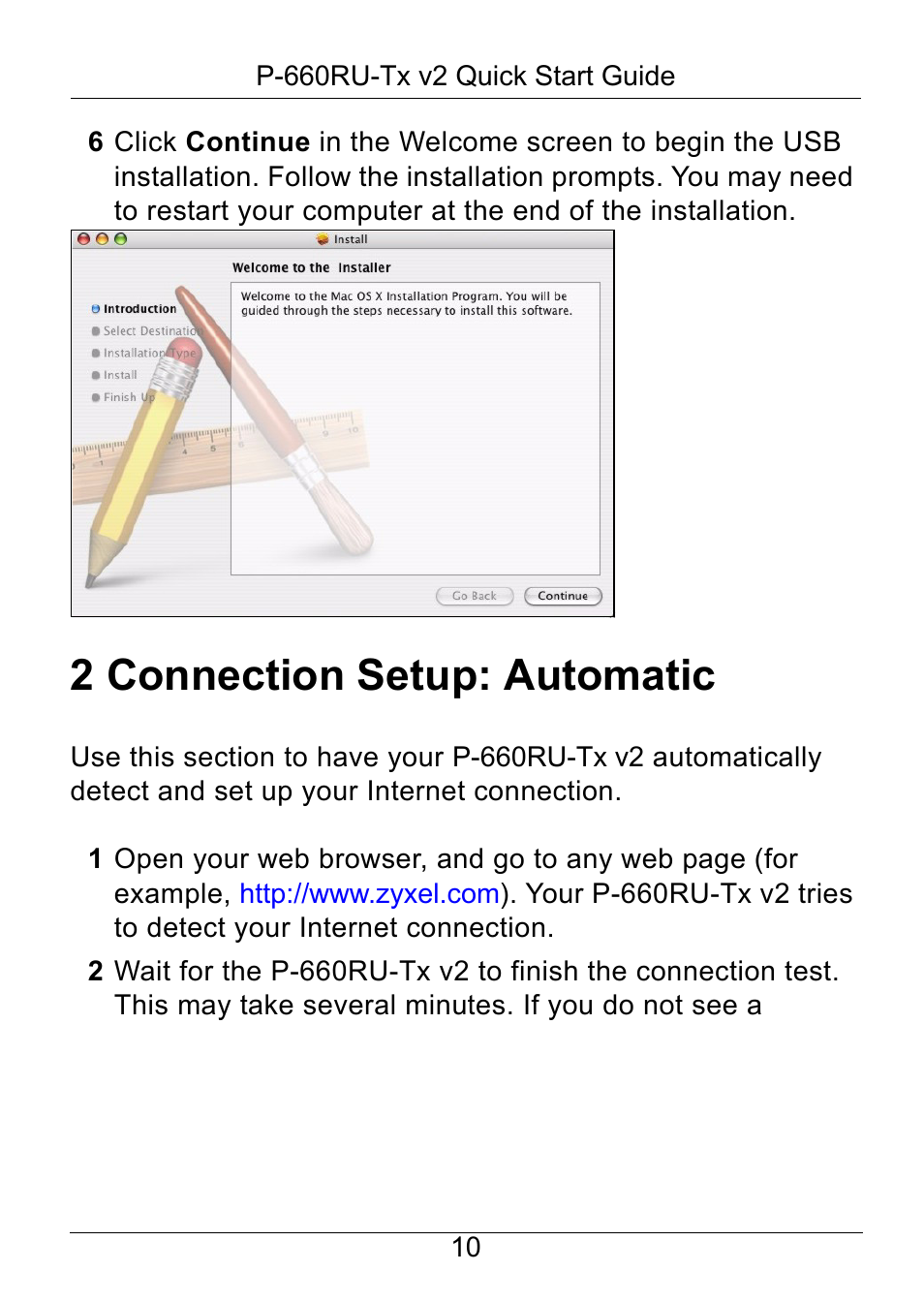 2 connection setup: automatic | ZyXEL Communications ADSL2+ Ethernet / USB Router P-660RU-Tx v2 User Manual | Page 11 / 22