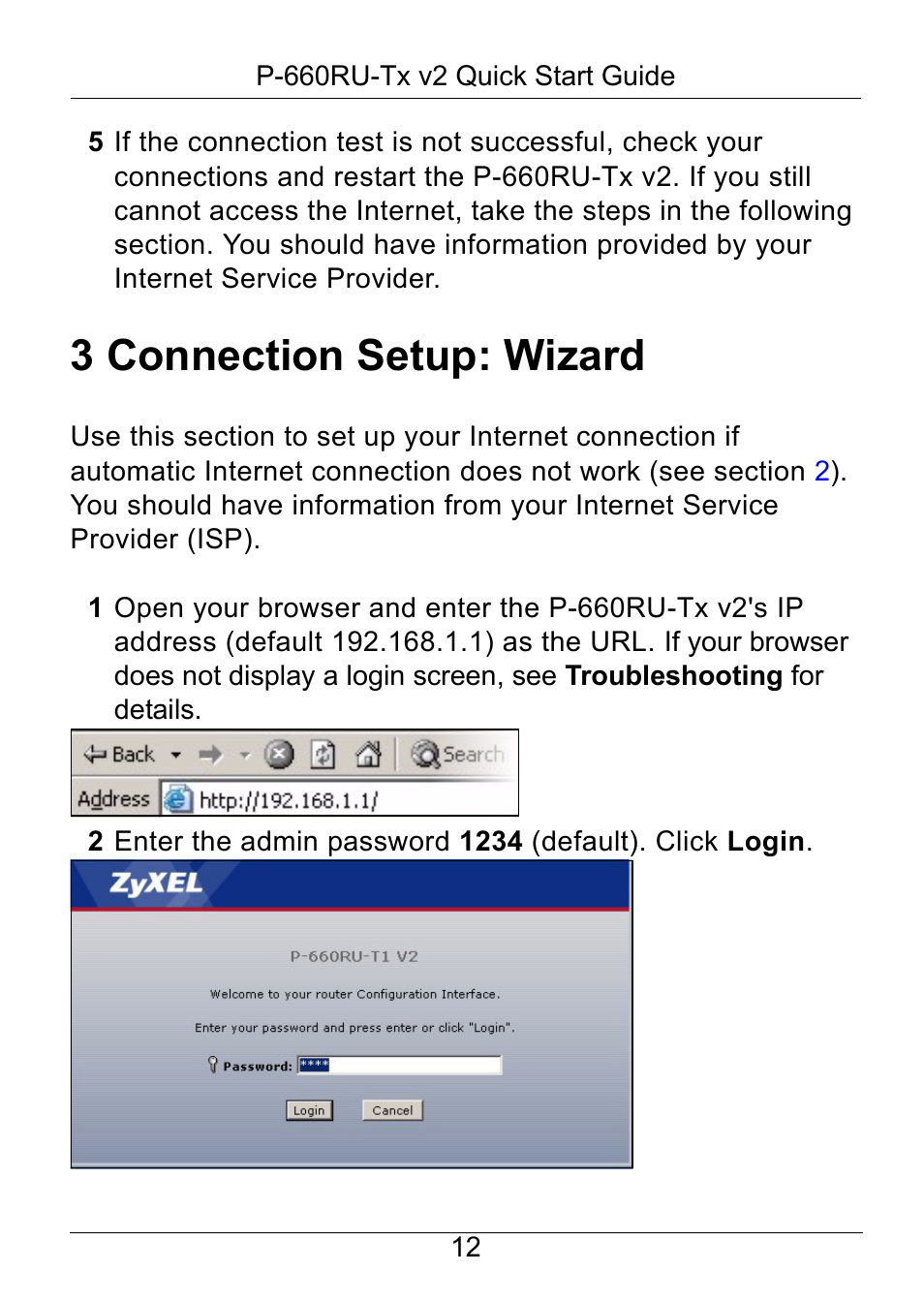 3 connection setup: wizard | ZyXEL Communications ADSL2+ Ethernet / USB Router P-660RU-Tx v2 User Manual | Page 13 / 22