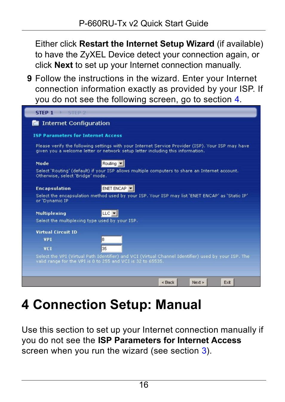 4 connection setup: manual | ZyXEL Communications ADSL2+ Ethernet / USB Router P-660RU-Tx v2 User Manual | Page 17 / 22