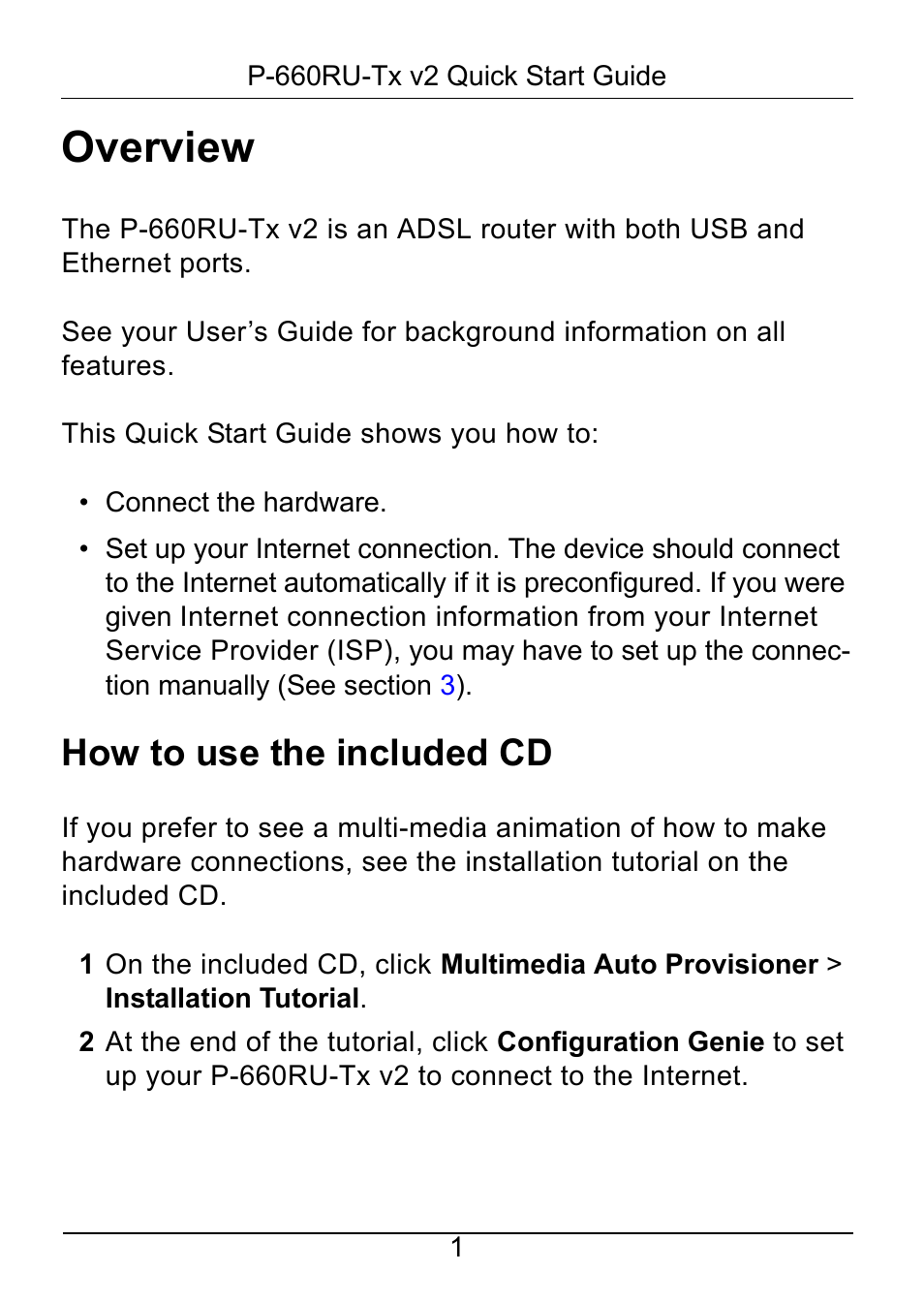 Overview, How to use the included cd | ZyXEL Communications ADSL2+ Ethernet / USB Router P-660RU-Tx v2 User Manual | Page 2 / 22