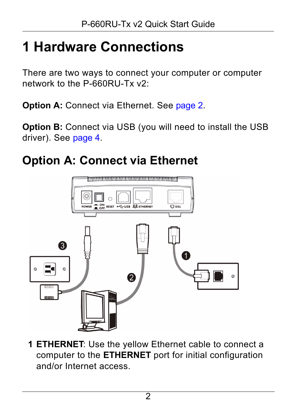 1 hardware connections, Option a: connect via ethernet | ZyXEL Communications ADSL2+ Ethernet / USB Router P-660RU-Tx v2 User Manual | Page 3 / 22
