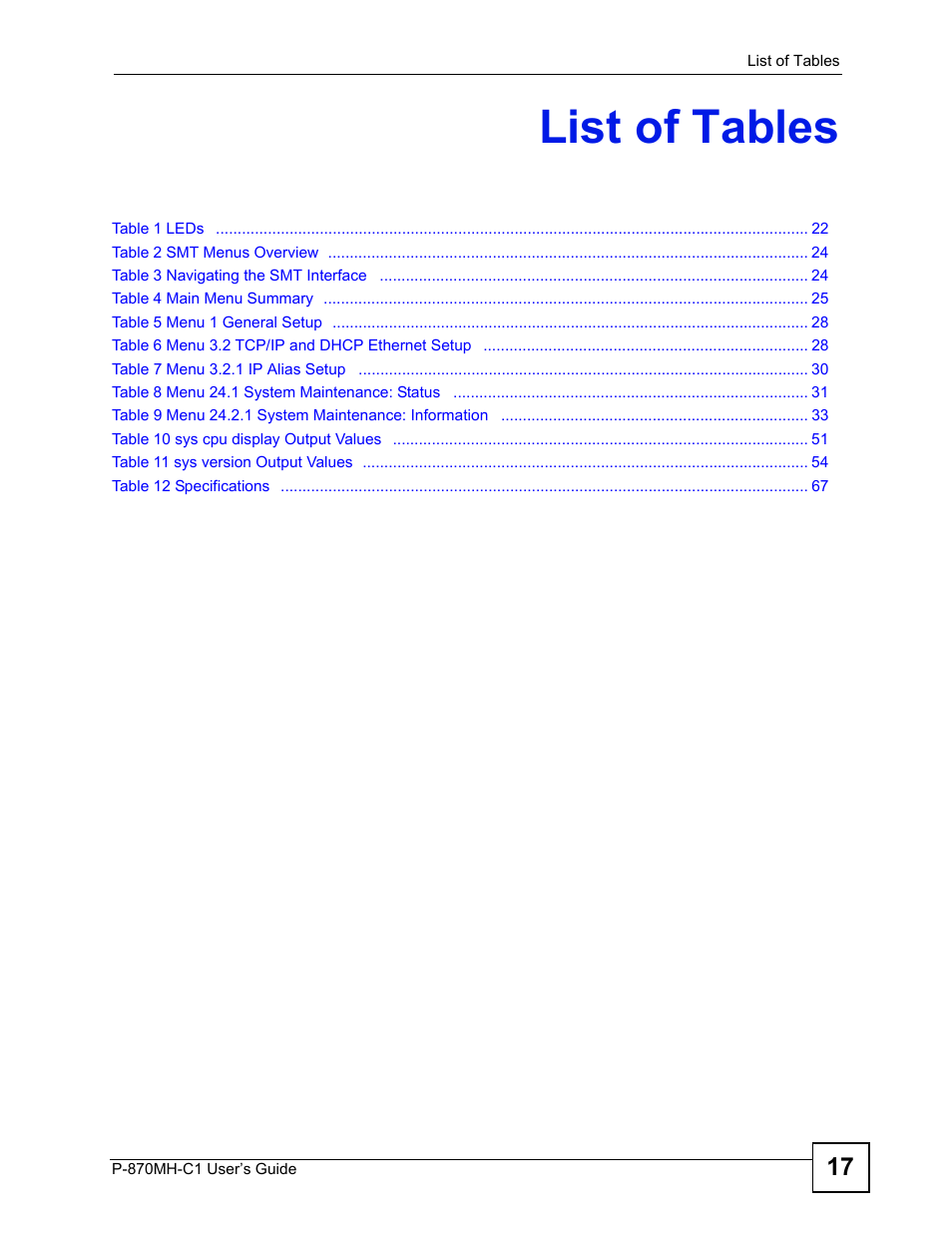 List of tables | ZyXEL Communications P-870MH-C1 User Manual | Page 17 / 74