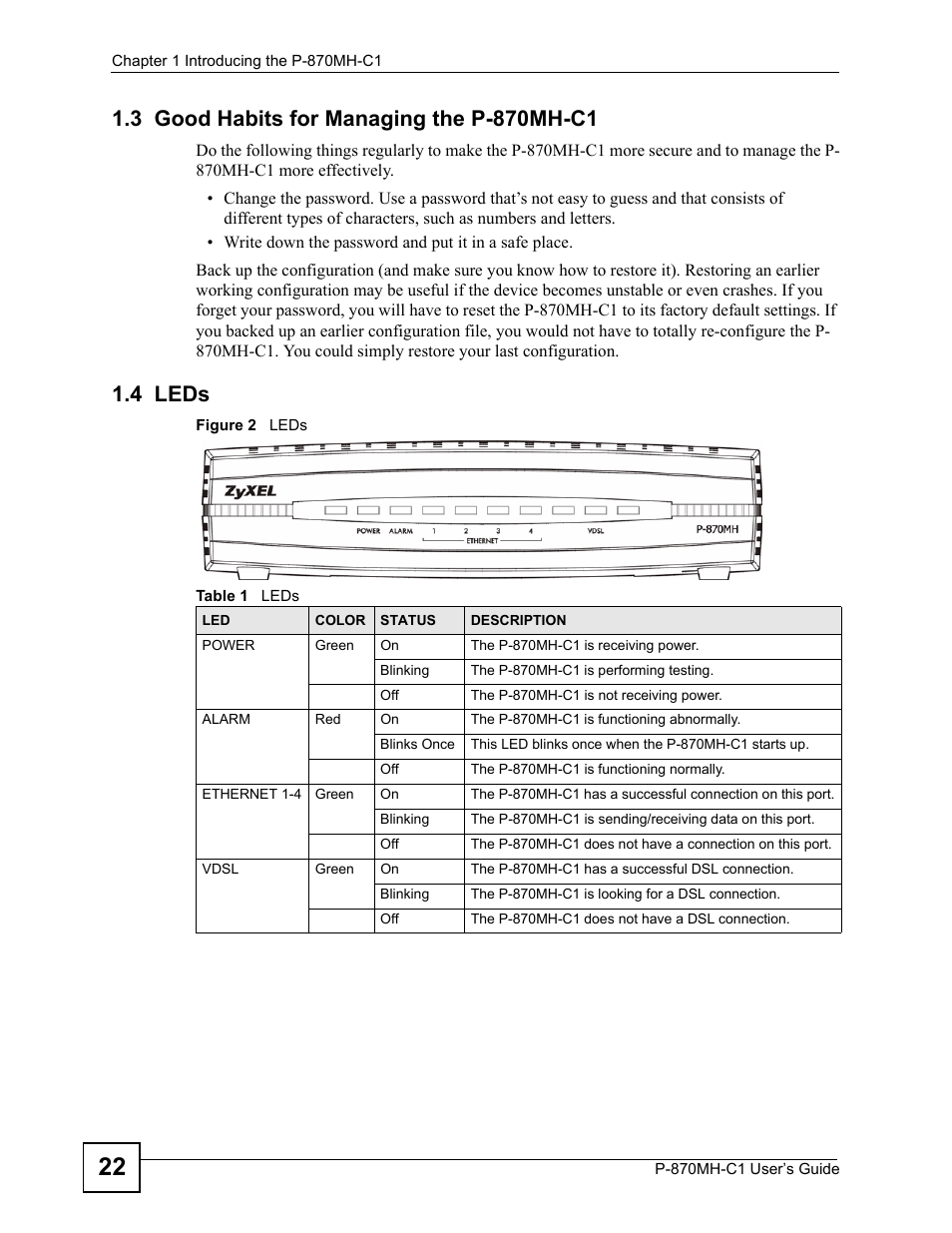 3 good habits for managing the p-870mh-c1, 4 leds, 3 good habits for managing the p-870mh-c1 1.4 leds | Figure 2 leds, Table 1 leds | ZyXEL Communications P-870MH-C1 User Manual | Page 22 / 74