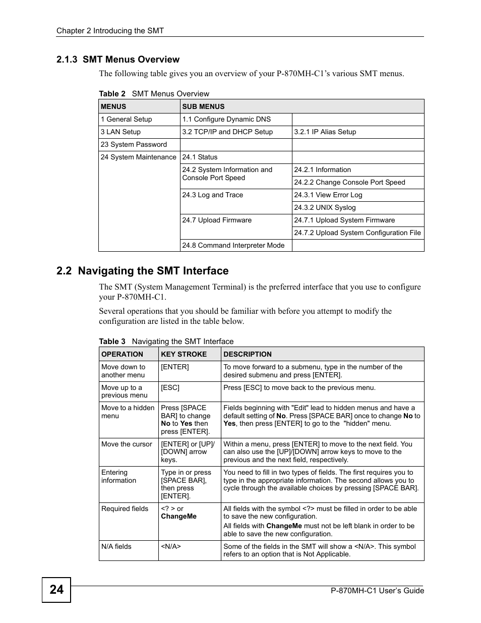 3 smt menus overview, 2 navigating the smt interface | ZyXEL Communications P-870MH-C1 User Manual | Page 24 / 74