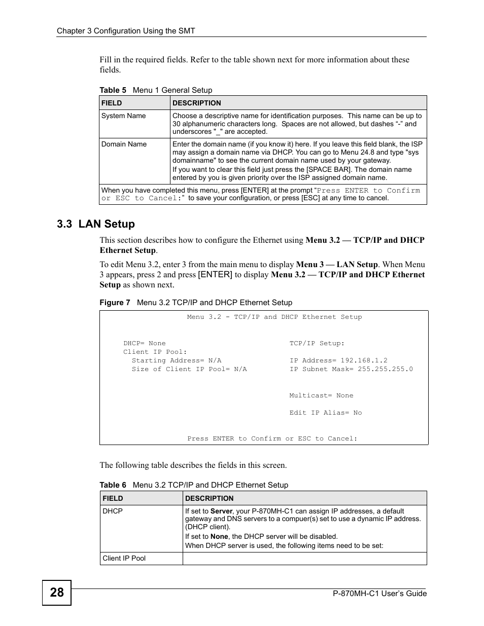 3 lan setup, Figure 7 menu 3.2 tcp/ip and dhcp ethernet setup | ZyXEL Communications P-870MH-C1 User Manual | Page 28 / 74