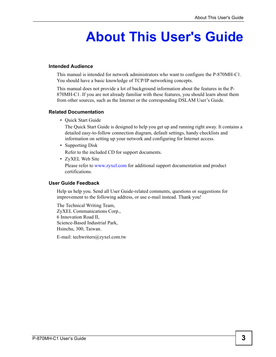 About this user's guide | ZyXEL Communications P-870MH-C1 User Manual | Page 3 / 74