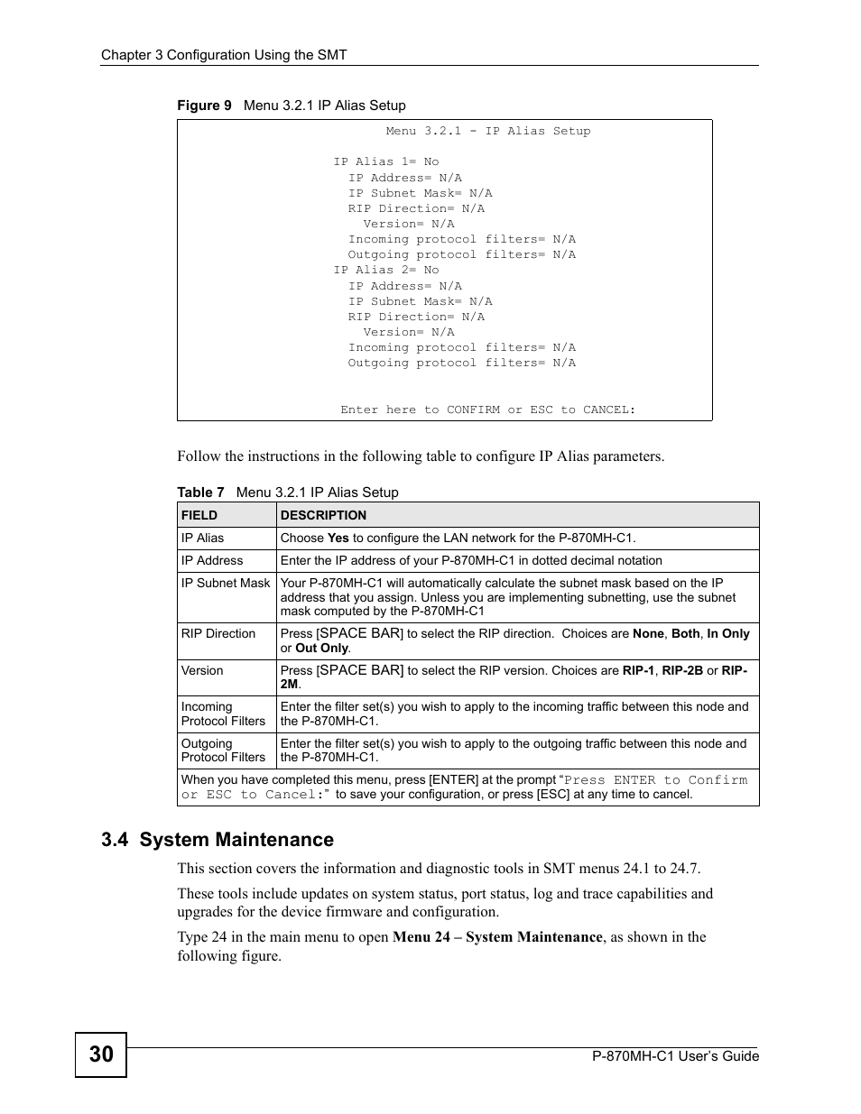 4 system maintenance, Figure 9 menu 3.2.1 ip alias setup, Table 7 menu 3.2.1 ip alias setup | ZyXEL Communications P-870MH-C1 User Manual | Page 30 / 74