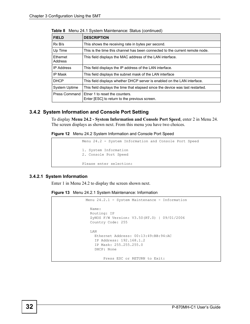 2 system information and console port setting | ZyXEL Communications P-870MH-C1 User Manual | Page 32 / 74