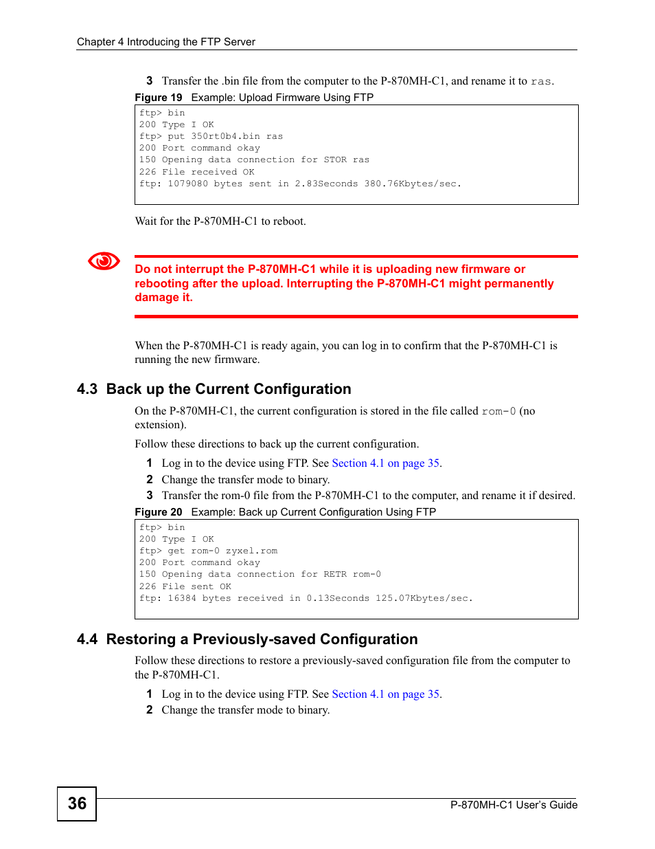 3 back up the current configuration, 4 restoring a previously-saved configuration | ZyXEL Communications P-870MH-C1 User Manual | Page 36 / 74