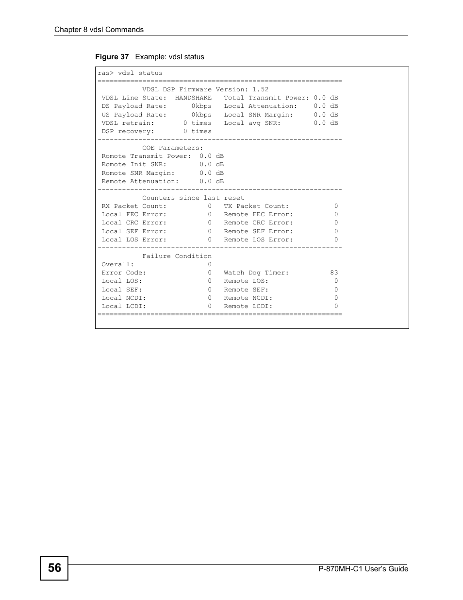 Figure 37 example: vdsl status | ZyXEL Communications P-870MH-C1 User Manual | Page 56 / 74