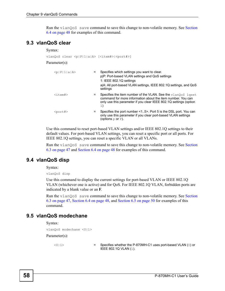 3 vlanqos clear, 4 vlanqos disp, 5 vlanqos modechane | ZyXEL Communications P-870MH-C1 User Manual | Page 58 / 74
