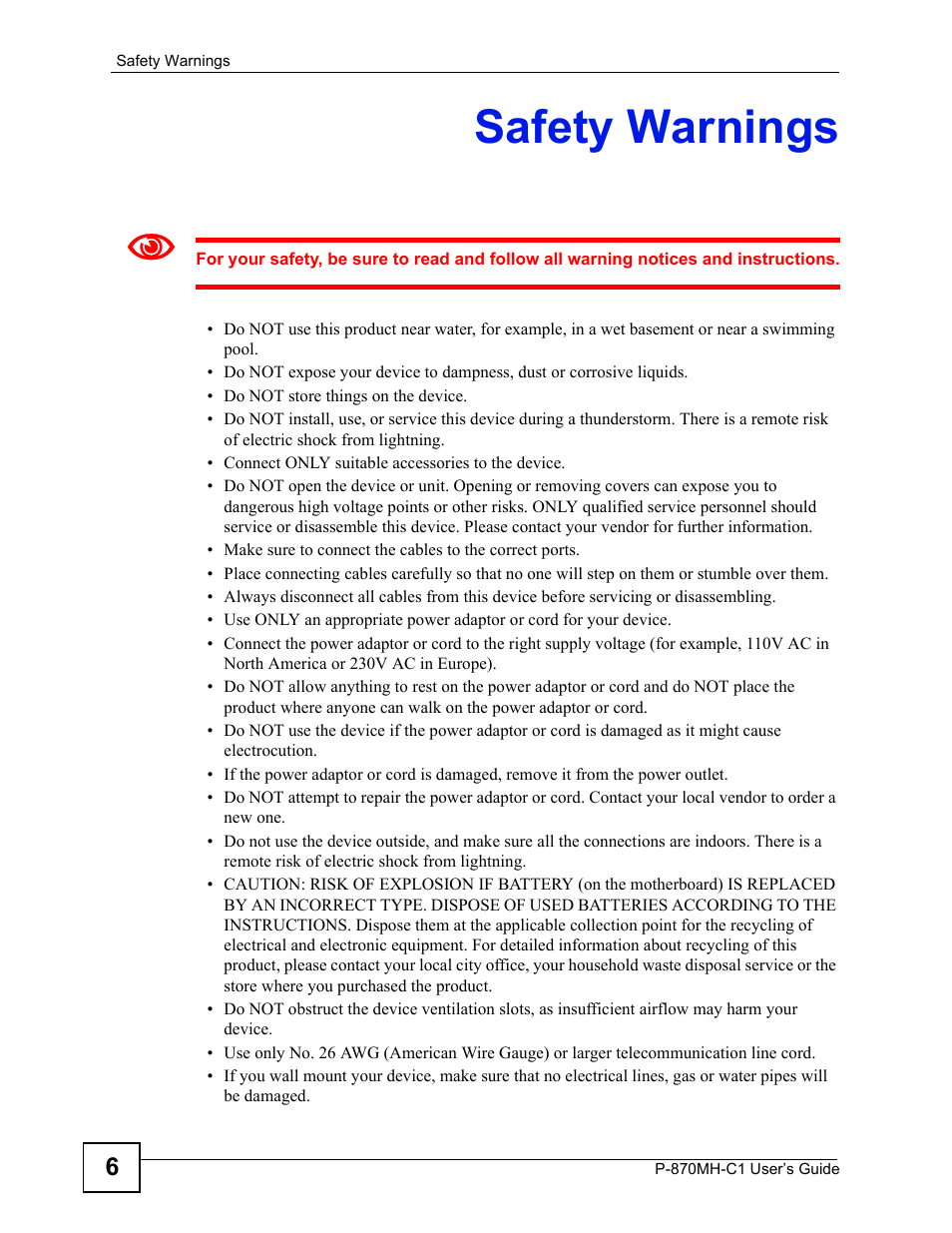 Safety warnings | ZyXEL Communications P-870MH-C1 User Manual | Page 6 / 74