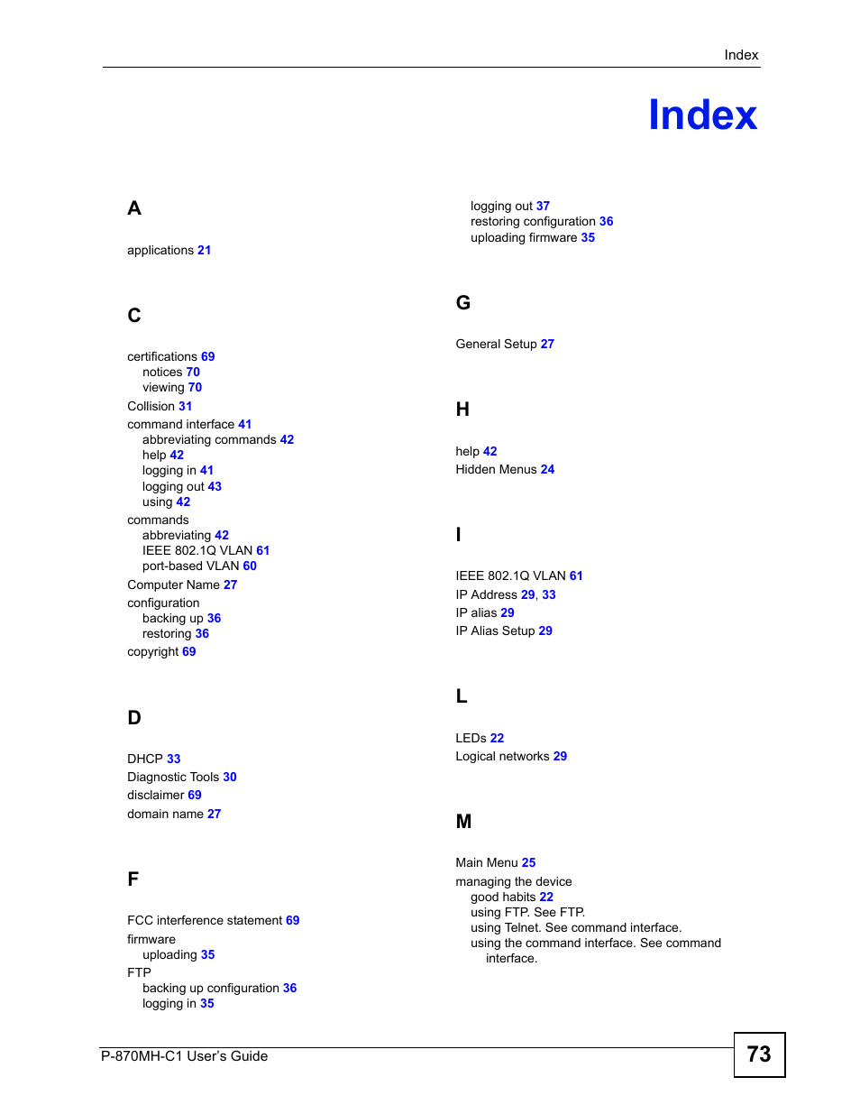 Index | ZyXEL Communications P-870MH-C1 User Manual | Page 73 / 74