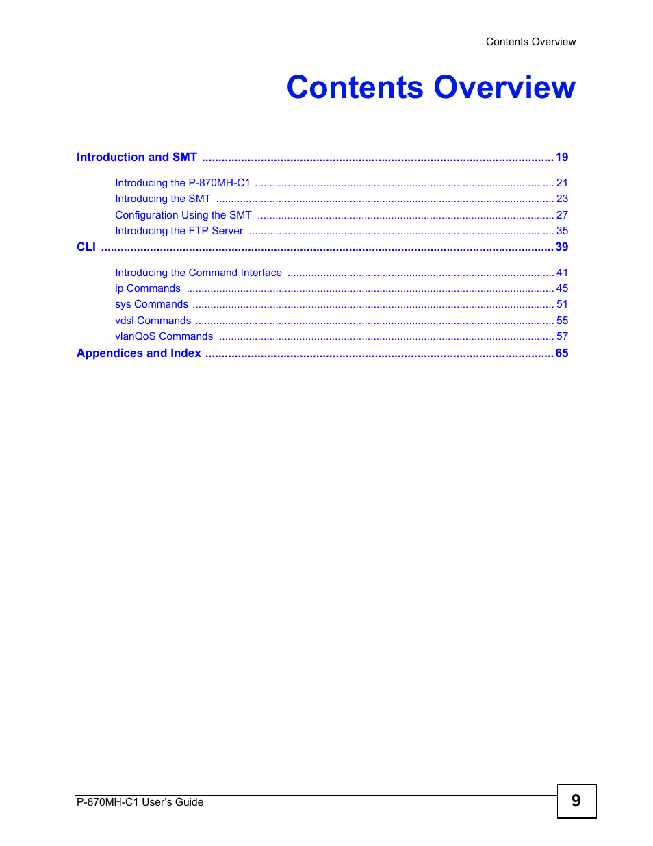 Contents overview | ZyXEL Communications P-870MH-C1 User Manual | Page 9 / 74