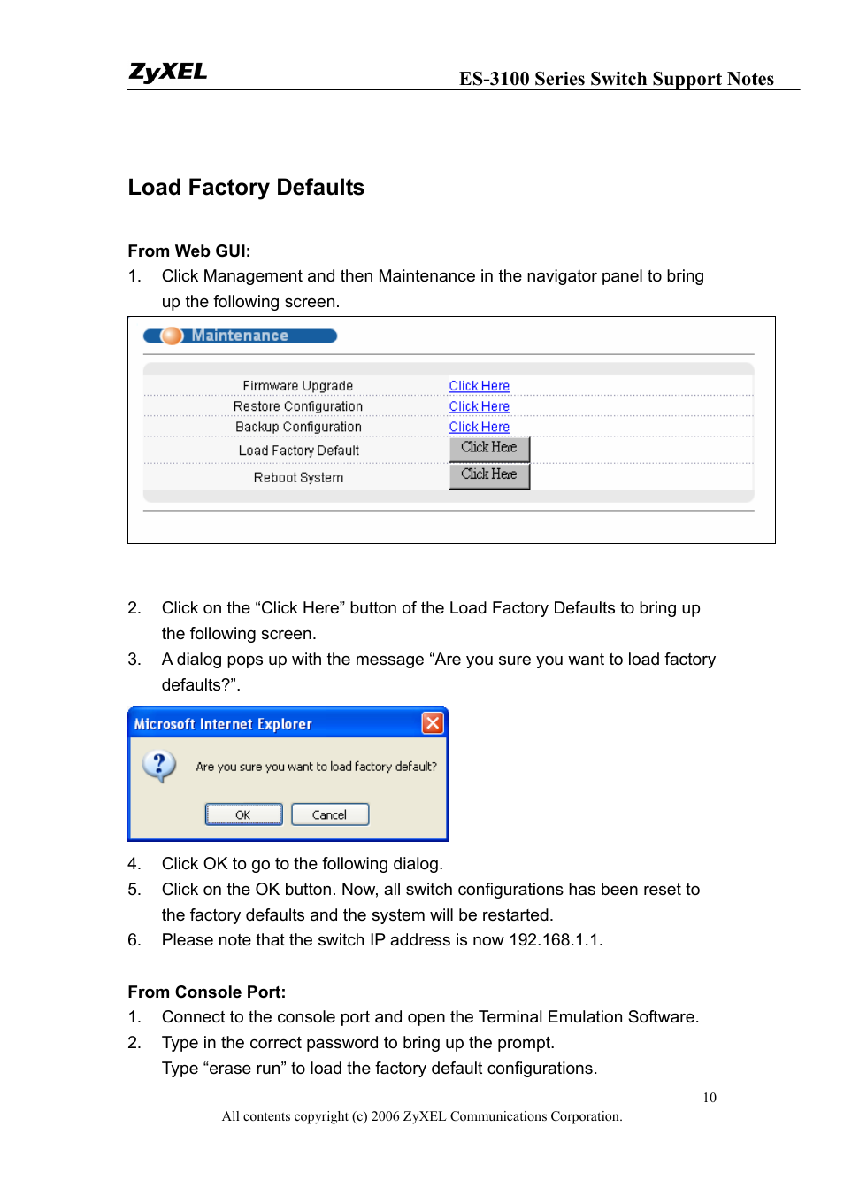 Load factory defaults | ZyXEL Communications ZyXEL Dimension ES-3148 User Manual | Page 10 / 124