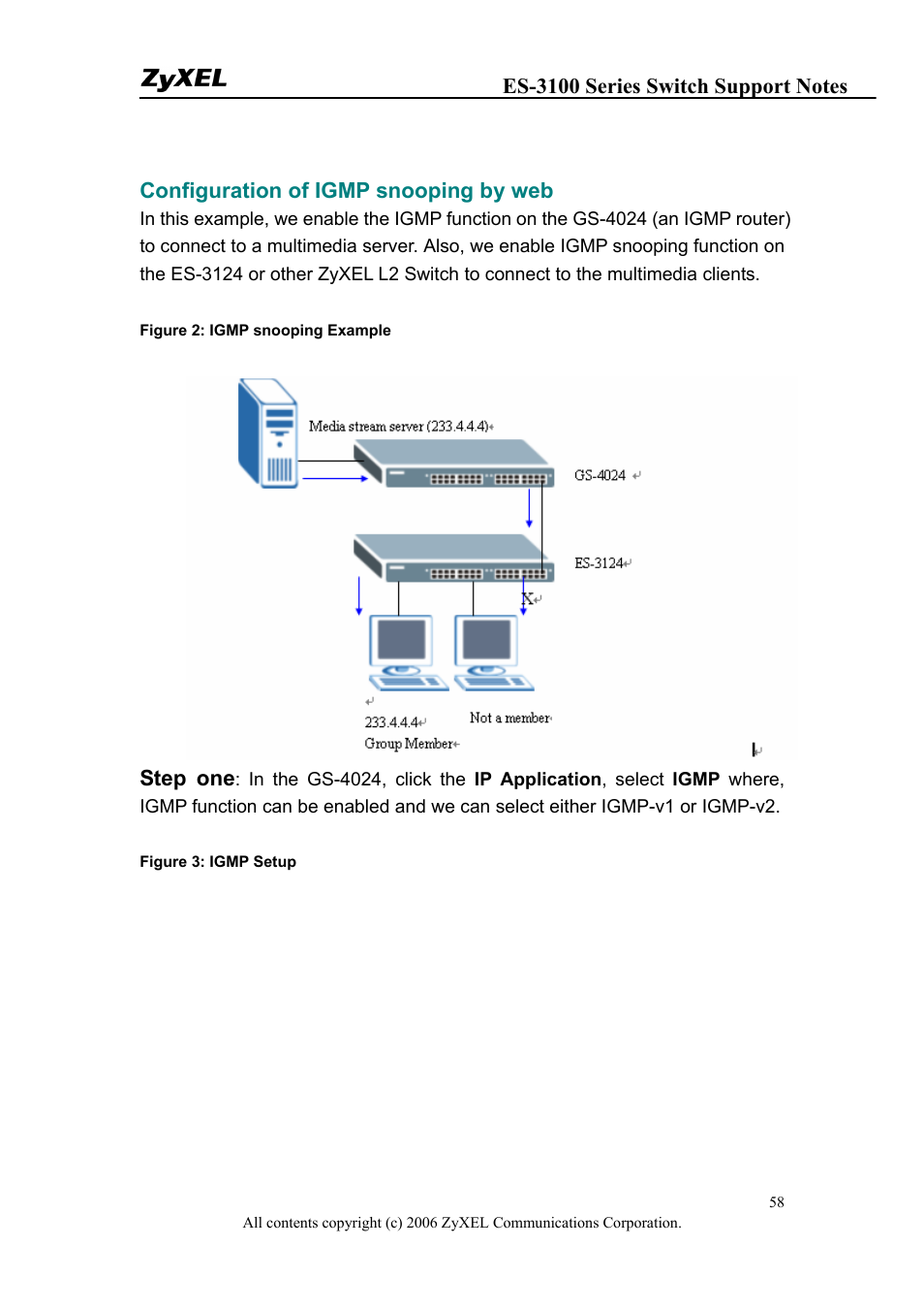 Configuration of igmp snooping by web, Step one | ZyXEL Communications ZyXEL Dimension ES-3148 User Manual | Page 58 / 124