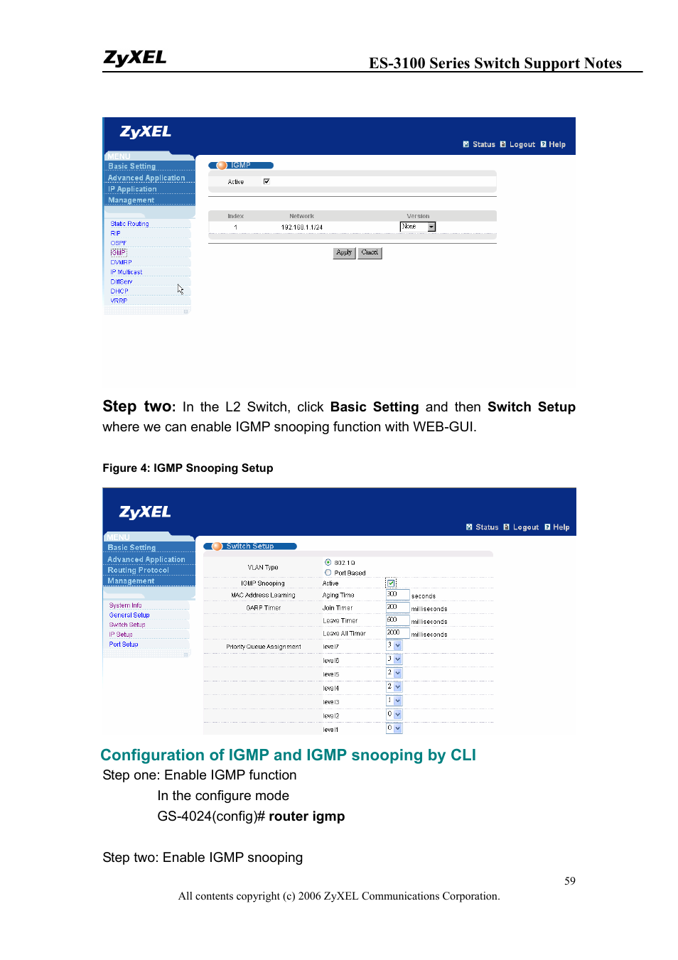 Step two, Configuration of igmp and igmp snooping by cli | ZyXEL Communications ZyXEL Dimension ES-3148 User Manual | Page 59 / 124
