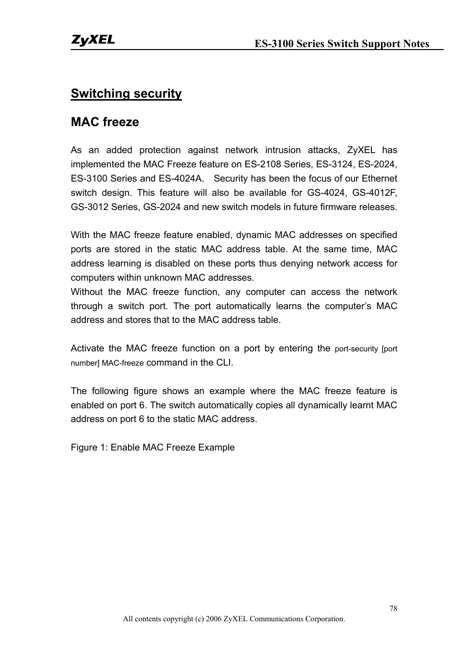 Switching security mac freeze | ZyXEL Communications ZyXEL Dimension ES-3148 User Manual | Page 78 / 124