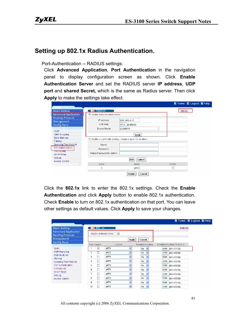 Setting up 802.1x radius authentication | ZyXEL Communications ZyXEL Dimension ES-3148 User Manual | Page 81 / 124