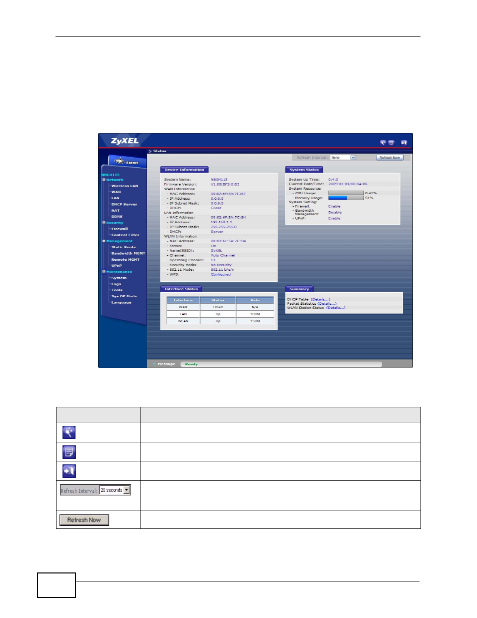 5 the status screen in router mode | ZyXEL Communications NBG4115 User Manual | Page 30 / 280