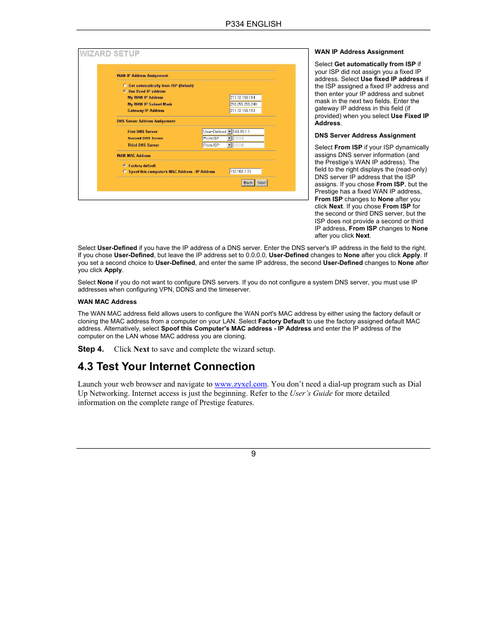 3 test your internet connection | ZyXEL Communications PRESTIGE 334 User Manual | Page 10 / 63