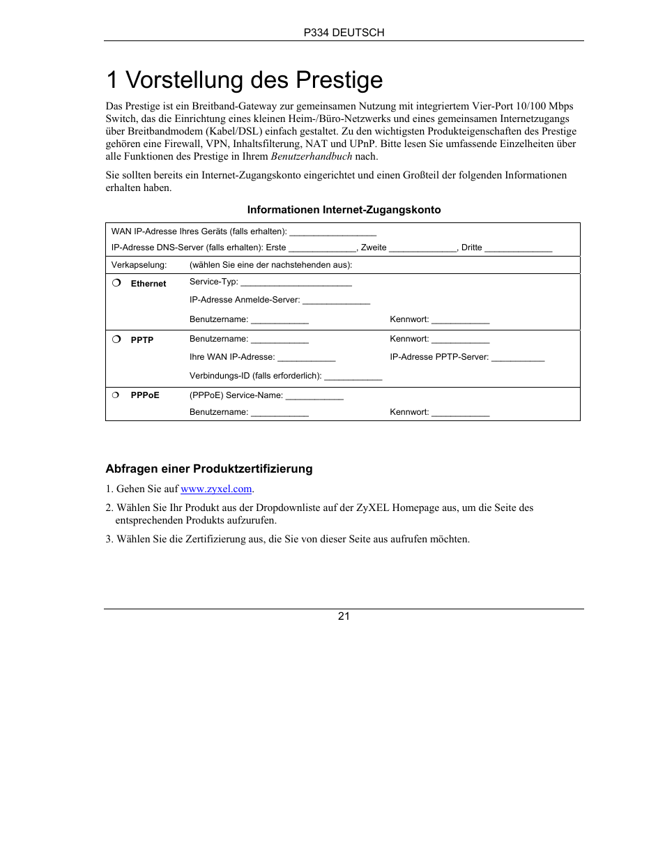 1 vorstellung des prestige | ZyXEL Communications PRESTIGE 334 User Manual | Page 22 / 63