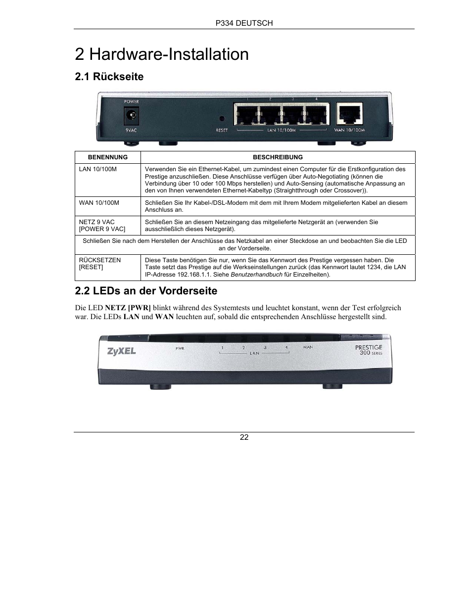 2 hardware-installation, 1 rückseite, 2 leds an der vorderseite | ZyXEL Communications PRESTIGE 334 User Manual | Page 23 / 63