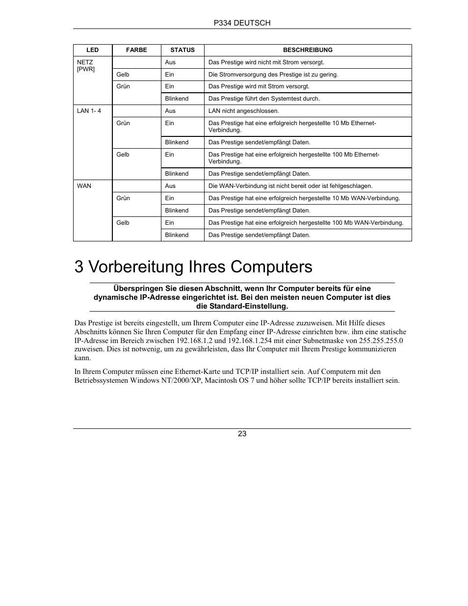 3 vorbereitung ihres computers | ZyXEL Communications PRESTIGE 334 User Manual | Page 24 / 63
