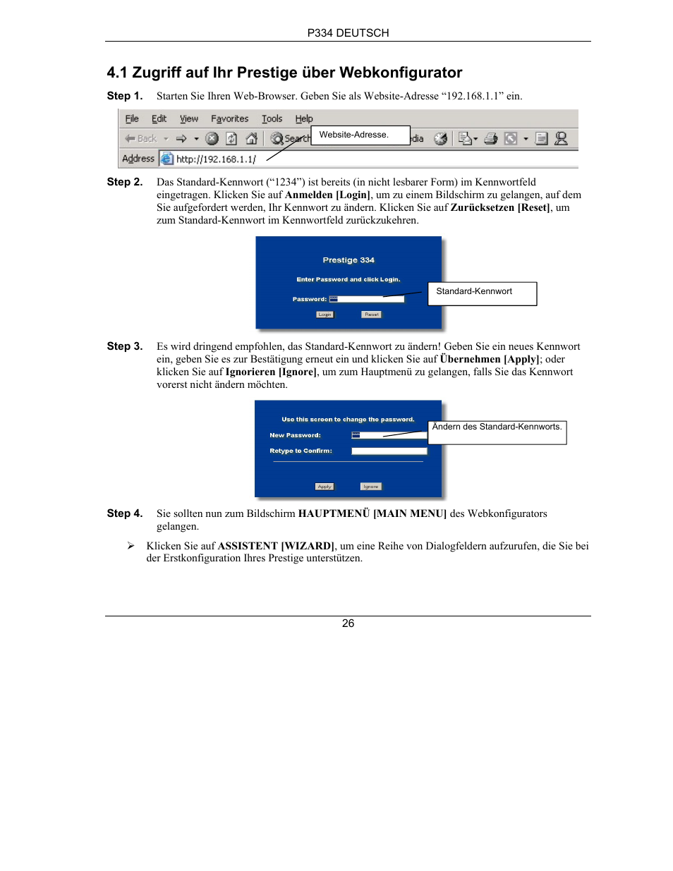 1 zugriff auf ihr prestige über webkonfigurator | ZyXEL Communications PRESTIGE 334 User Manual | Page 27 / 63