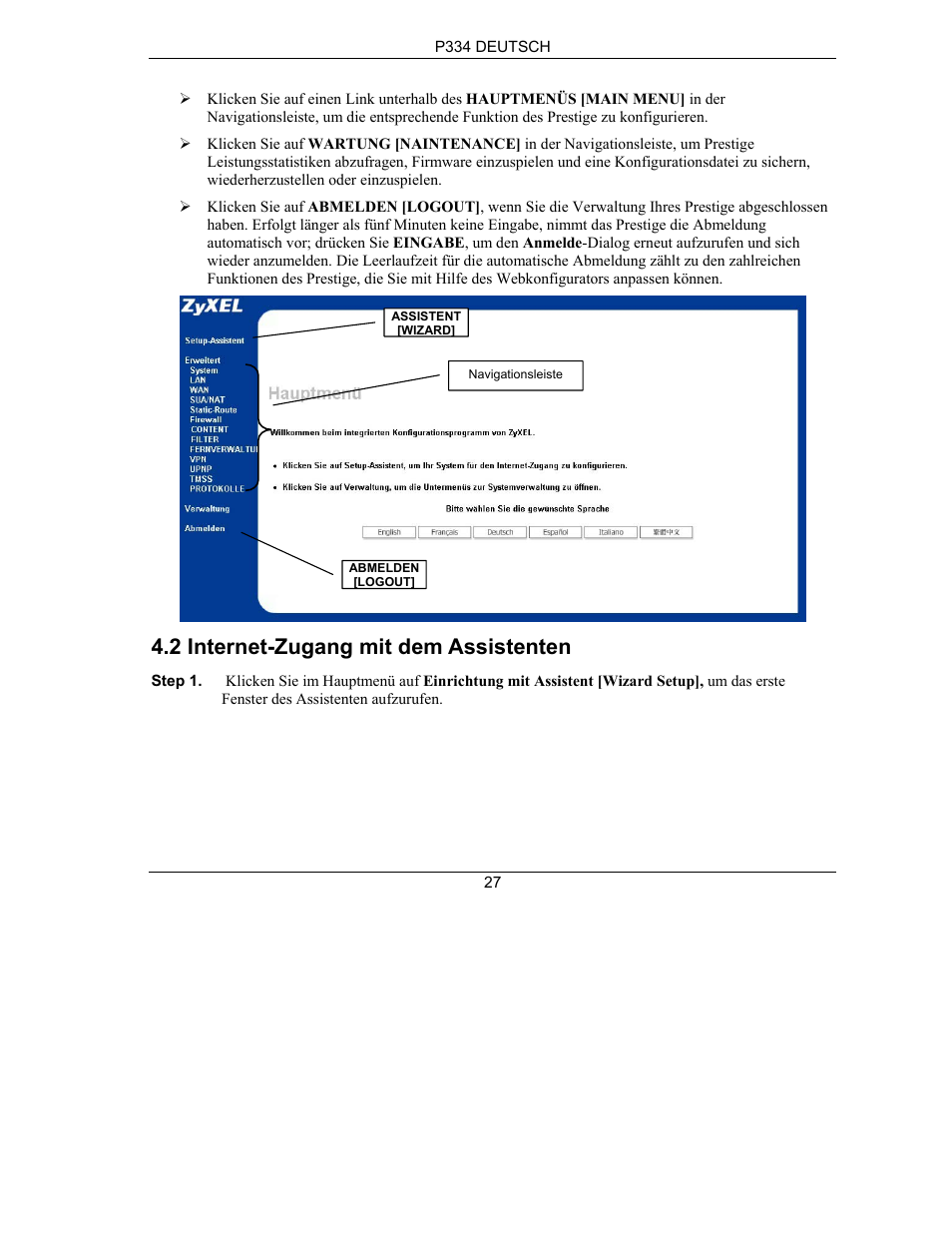 2 internet-zugang mit dem assistenten | ZyXEL Communications PRESTIGE 334 User Manual | Page 28 / 63
