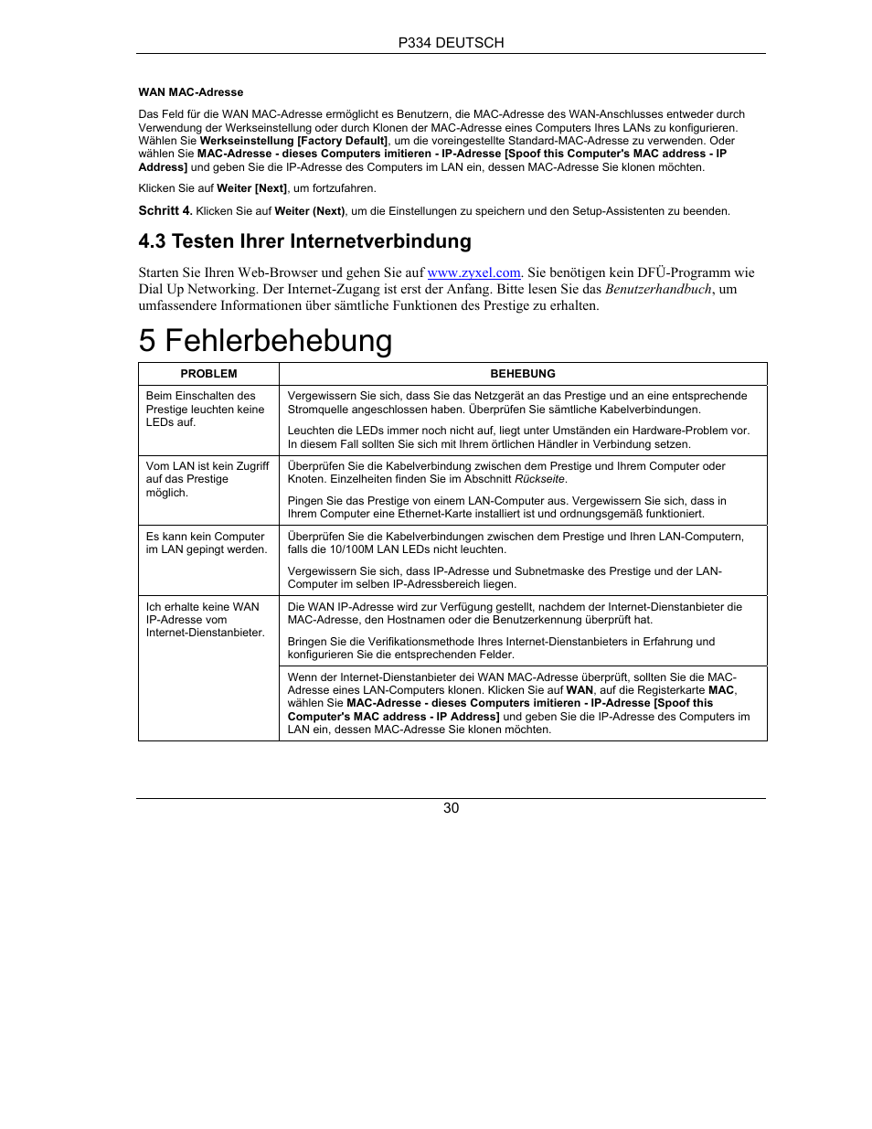 5 fehlerbehebung, 3 testen ihrer internetverbindung | ZyXEL Communications PRESTIGE 334 User Manual | Page 31 / 63