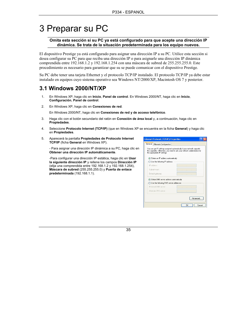3 preparar su pc | ZyXEL Communications PRESTIGE 334 User Manual | Page 36 / 63