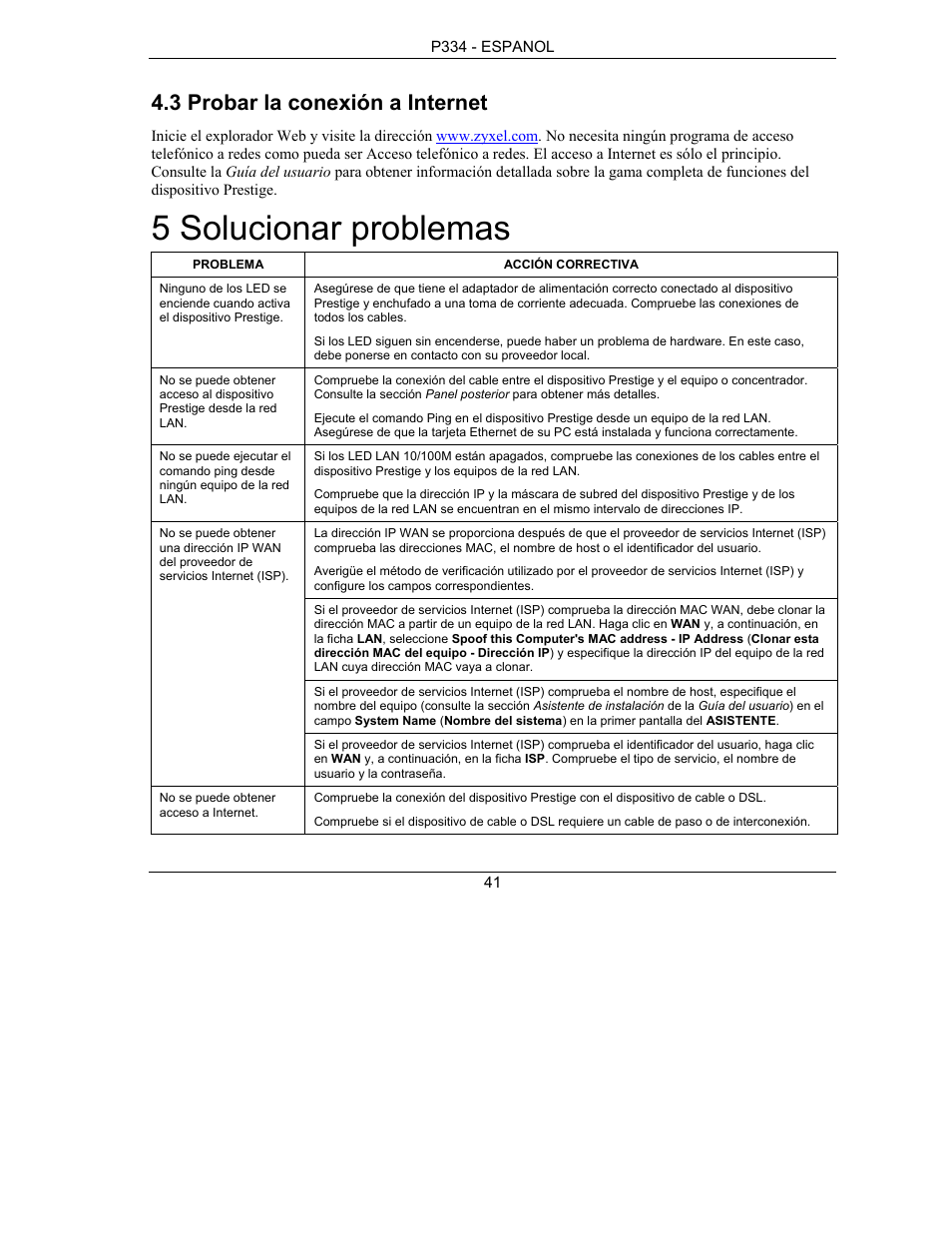 5 solucionar problemas, 3 probar la conexión a internet | ZyXEL Communications PRESTIGE 334 User Manual | Page 42 / 63