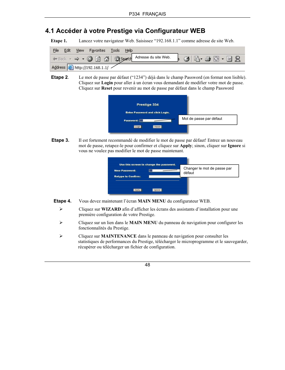 1 accéder à votre prestige via configurateur web | ZyXEL Communications PRESTIGE 334 User Manual | Page 49 / 63